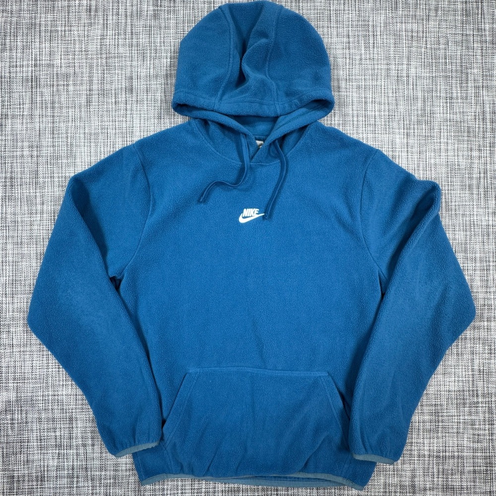Nike Mens Small Blue Polar Fleece Hoodie Sportswear Pullover Swoosh Front Pocket